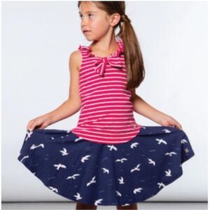 Duex Par Duex Red Striped Top with Navy Bird Skirt with pockets
